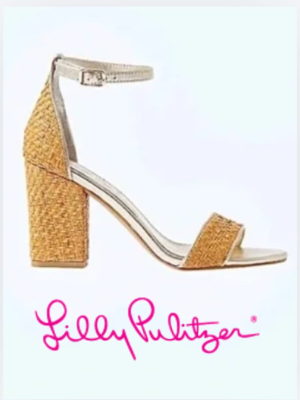 Lilly Pulitzer Tan Woven Block Heel Sandal with Gold Ankle Strap, 8.5